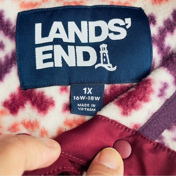 Lands End Heritage Quarter Snap Fleece Pullover Large Burgundy Orange Fair Isle - Picture 7 of 14